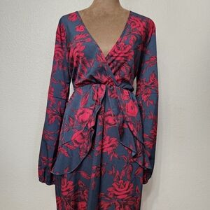 Red Floral Long Sleeve Wrap Dress – Flirty & Feminine, Size Large (No Stretch)